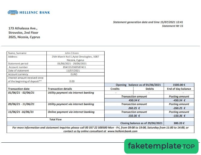 Feature of fake Cyprus Hellenic bank statement